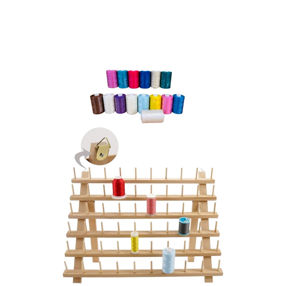Wooden Spool Rack & 14 Reels of Polyester Thread Bundle