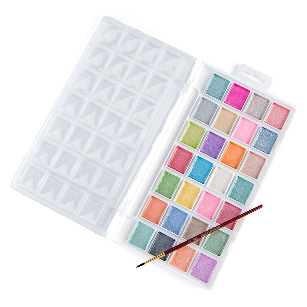 Royal & Langnickel Essentials Pearlescent Watercolour Paint Set (28 colours + brush) - Image 2