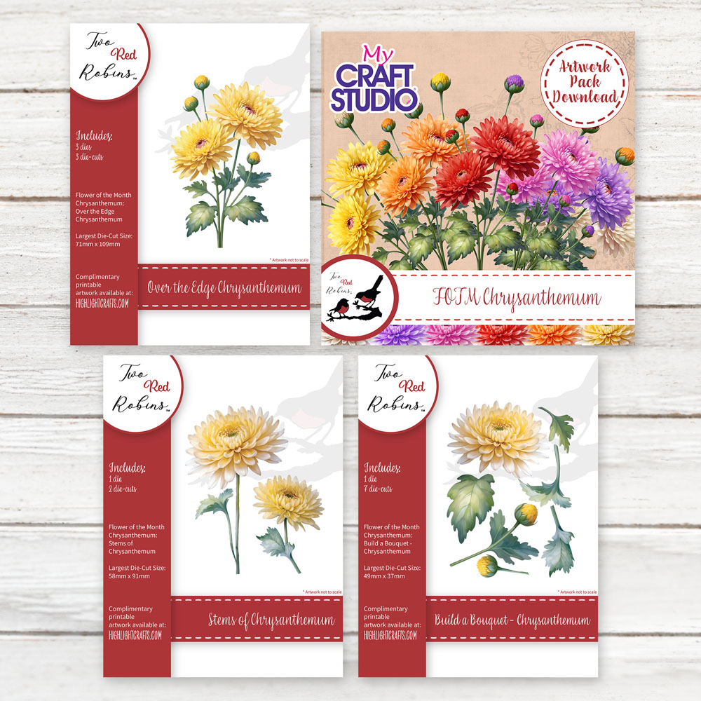 Two Red Robins Flower of The Month Chrysanthemum Die & Artwork Download Bundle