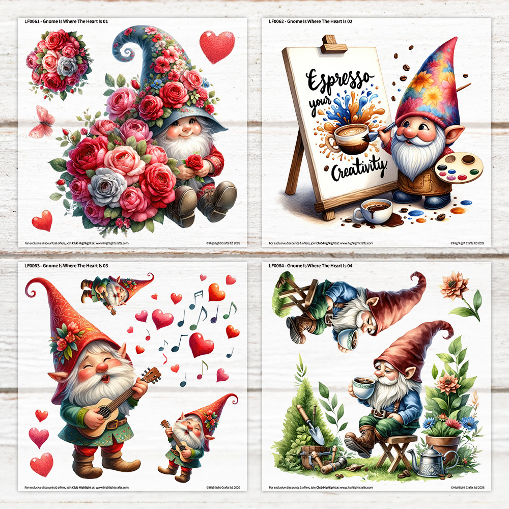 Highlight Luxe Gnome Is Where The Heart Is 1 - 4 Heat Transfer Sheet Bundle
