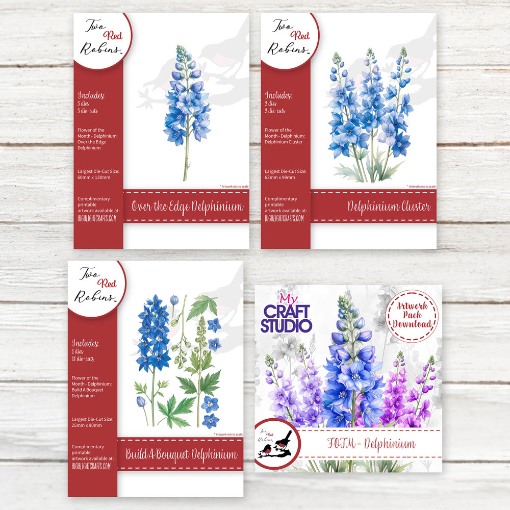 Two Red Robins Flower of the Month Delphinium Die & Artwork Download Bundle