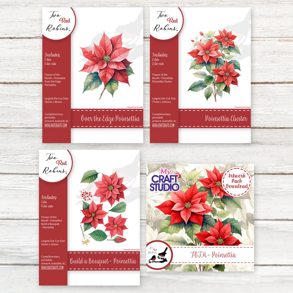Two Red Robins Flower of the Month Poinsettia Die & Artwork Download Bundle