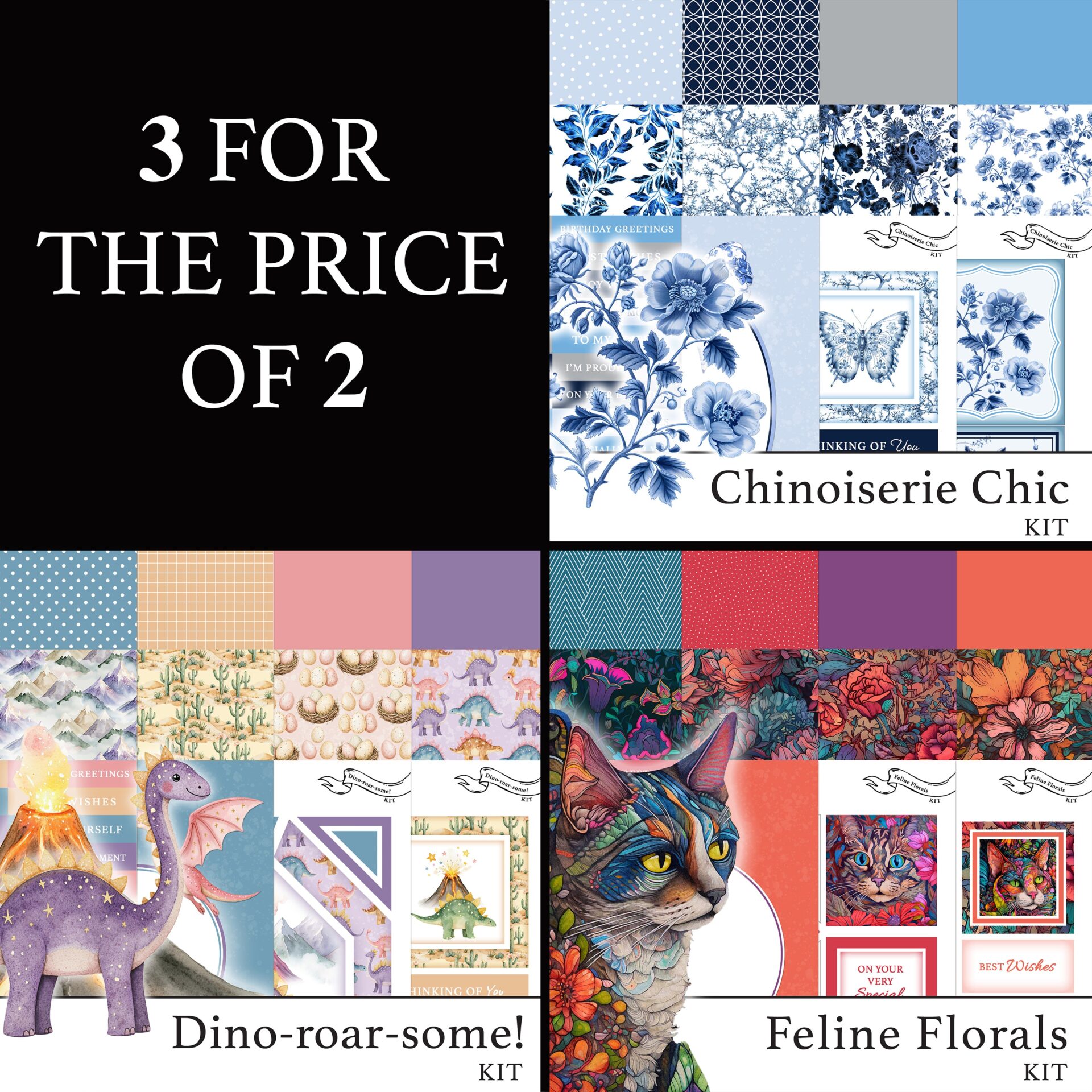 The Crafty Witches Chinoiserie Chic, Dino-roar-some & Feline Florals Download Kits