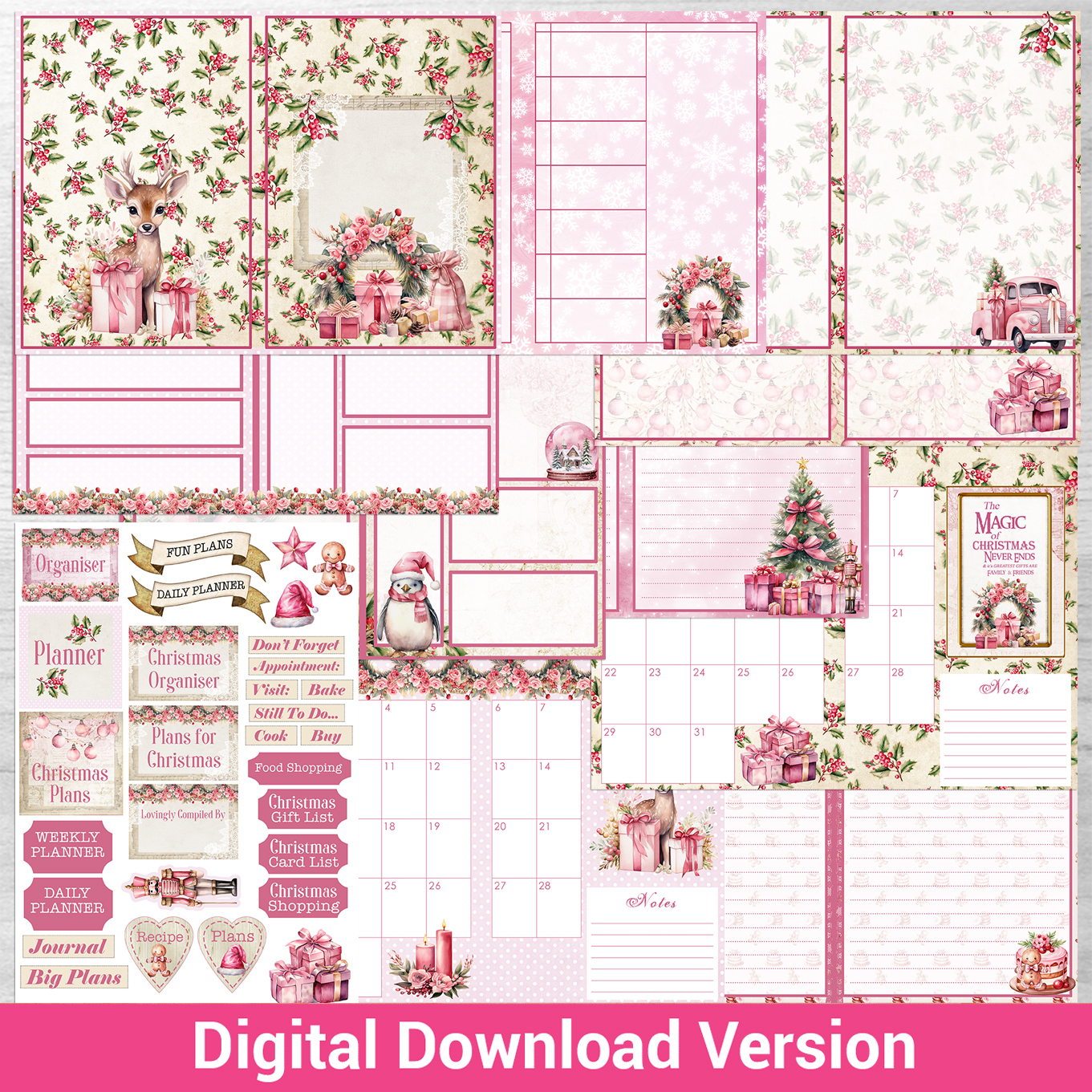 Debbi Moore Designs - Pink Christmas Organiser Digital Download