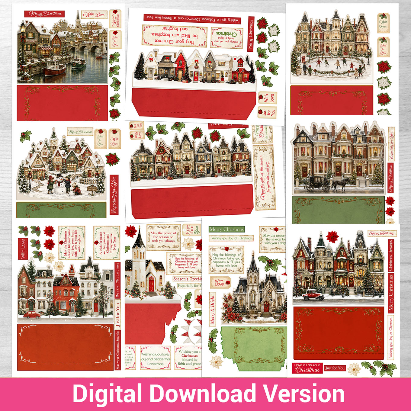 Debbi Moore Designs - Christmas Town Shaped Card Digital Download kit