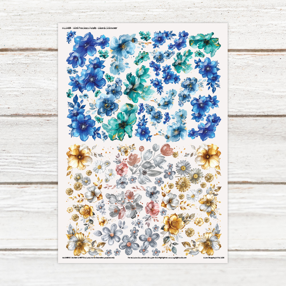 Highlight Luxe Mini Precious Petals Blue & Shimmer Resin Decal Sheet