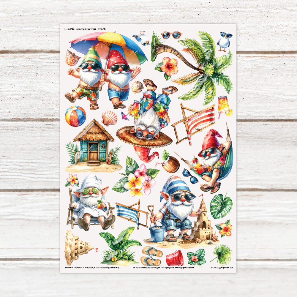 Highlight Luxe Gnomes On Tour Beach Resin Decal Sheet