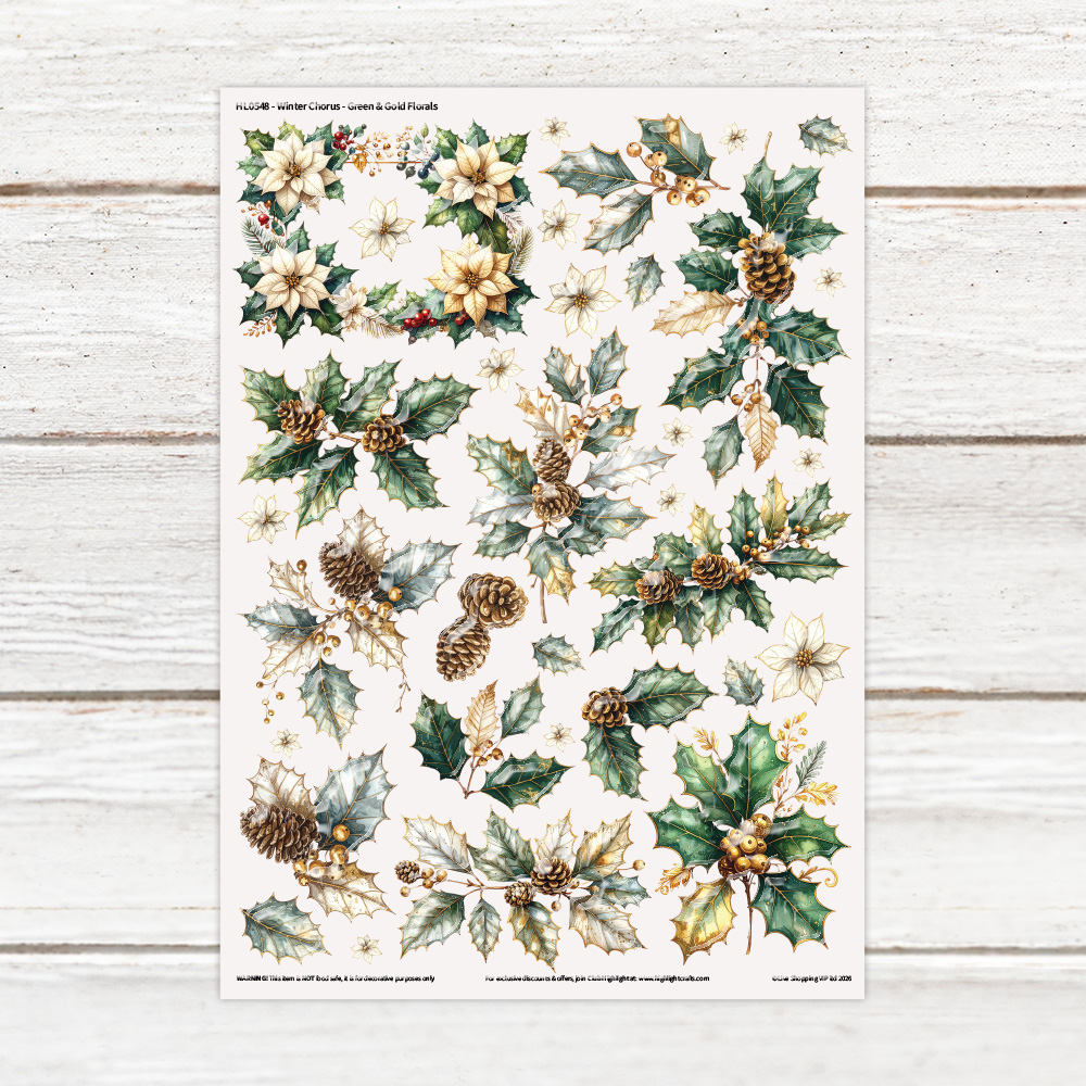 Highlight Luxe Winter Chorus Green & Gold Florals Resin Decal Sheet