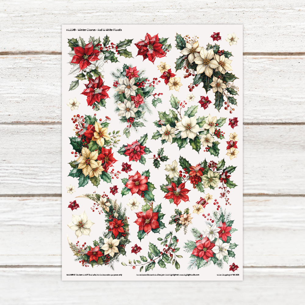 Highlight Luxe Winter Chorus Red & White Florals Resin Decal Sheet