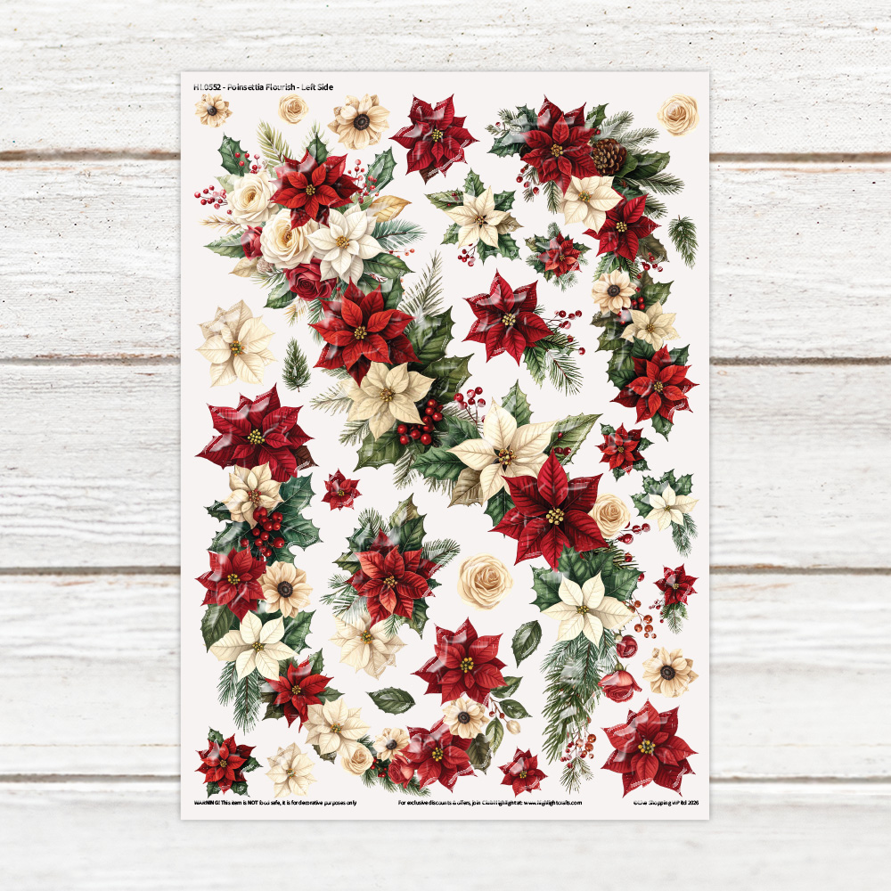 Highlight Luxe Poinsettia Flourish Left Side Resin Decal Sheet