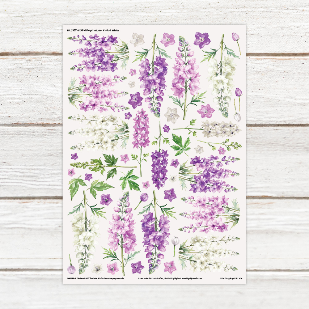 Highlight Luxe Flower of the Month Delphinium - Pink & White Resin Decal Sheet